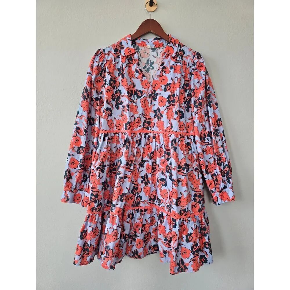Jodifl Floral Tiered Babydoll Dress L Blue Coral Cotton Boho Mini Long Sleeve